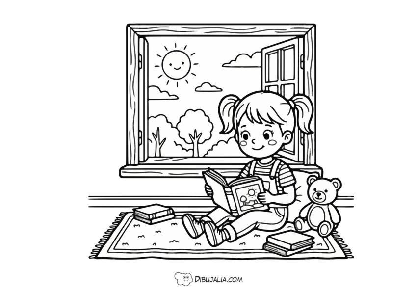 Niña lee bajo la ventana