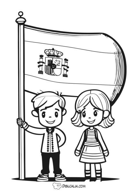 Niños con bandera para colorear