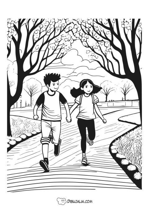 Chicos corren por el parque