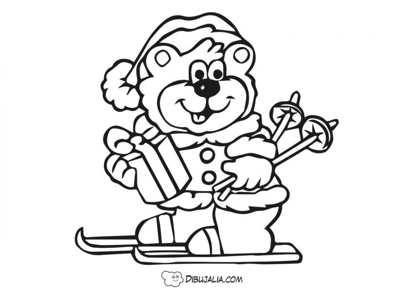 Oso esquiando con regalo navidad