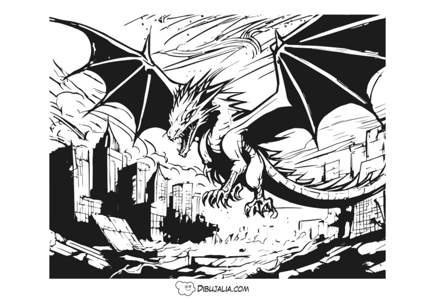 Dragón sobre la ciudad destruida