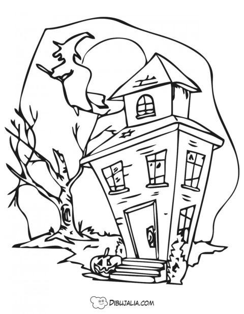 Casa encantada con bruja volando