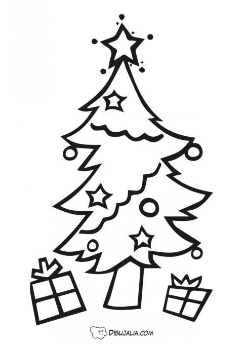 Árbol con regalos y bolas navidad