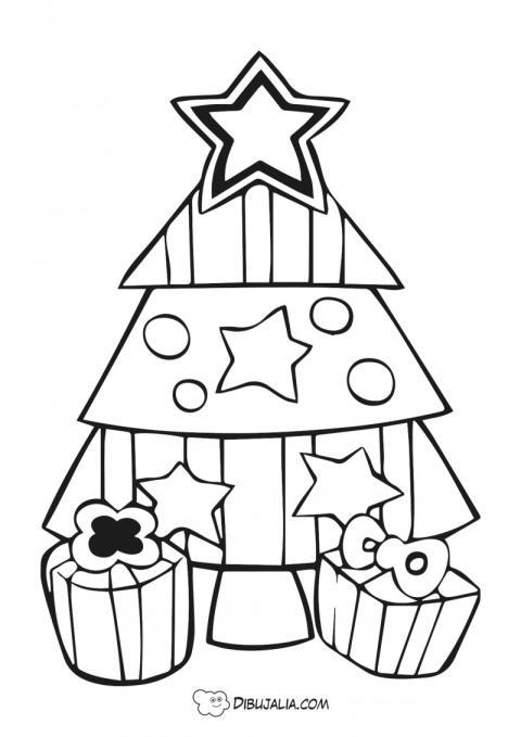 Árbol de navidad con regalos y estrellas